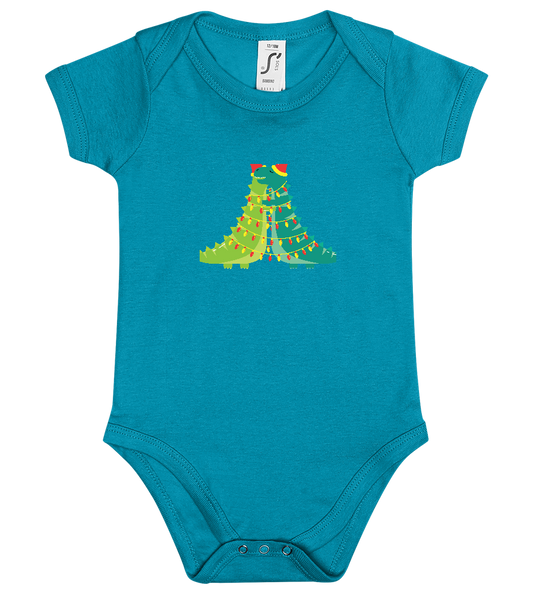 Dino Christmas Tree Design - Baby bodysuit_TURQUOISE_front