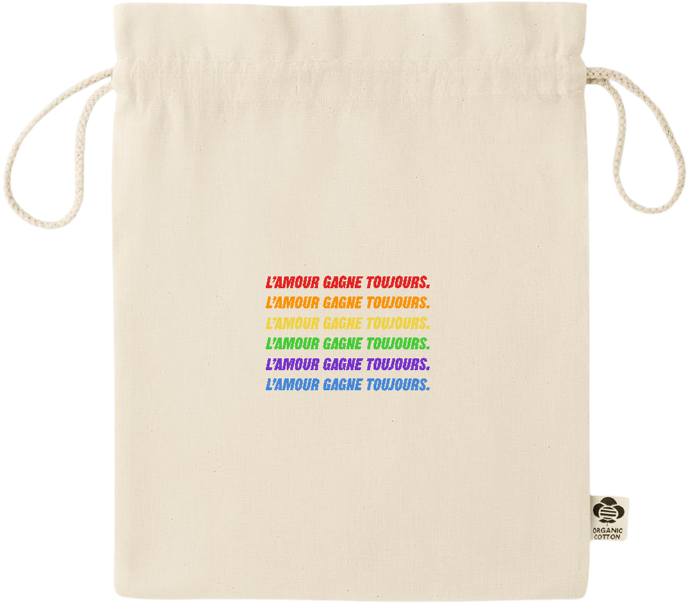 L'amour Gagne Toujours Design - Essential medium organic drawcord gift bag_BEIGE_front