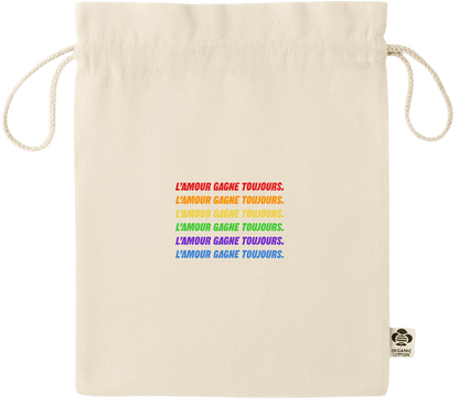 L'amour Gagne Toujours Design - Essential medium organic drawcord gift bag_BEIGE_front