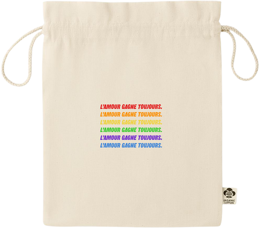 L'amour Gagne Toujours Design - Essential medium organic drawcord gift bag_BEIGE_front