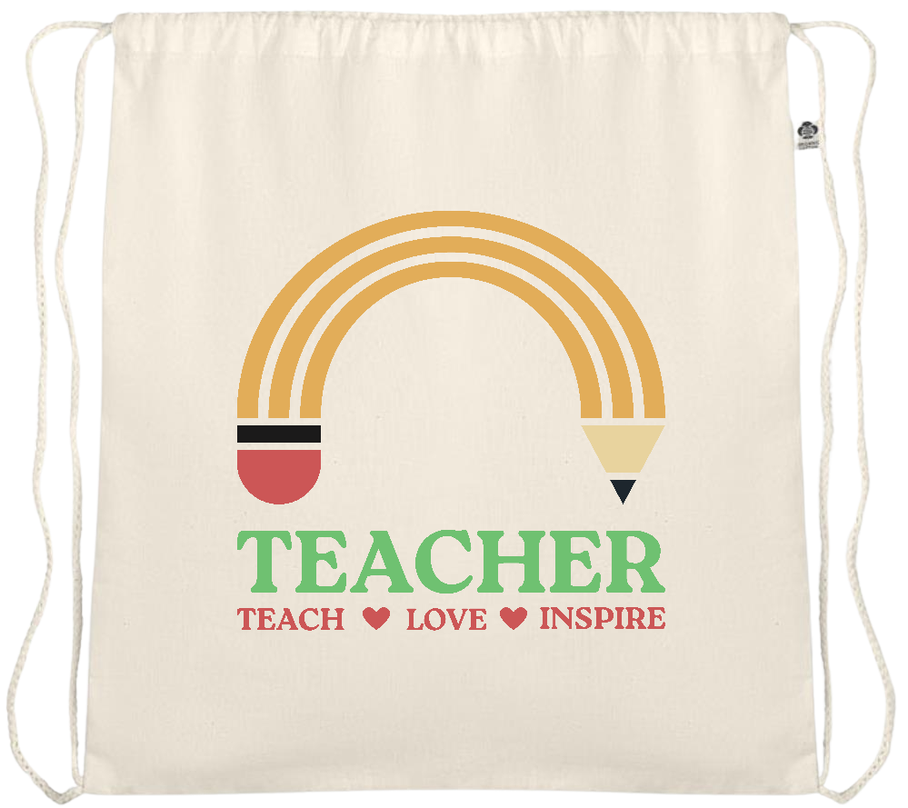 Teacher Pencil Design - Essential medium organic cotton drawstring bag_BEIGE_front