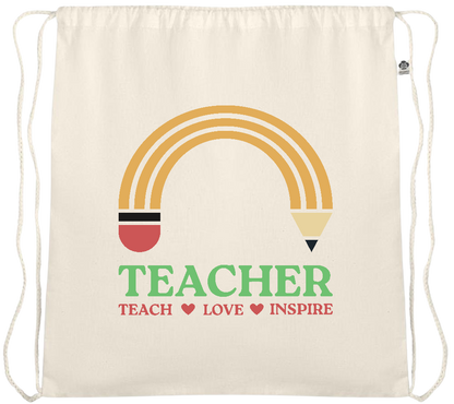 Teacher Pencil Design - Essential medium organic cotton drawstring bag_BEIGE_front