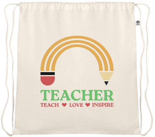 Teacher Pencil Design - Essential medium organic cotton drawstring bag_BEIGE_front