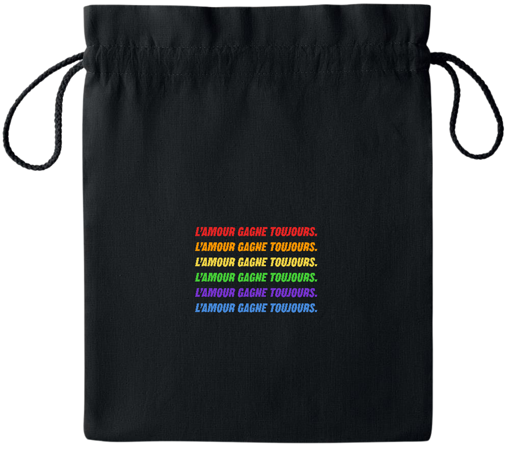 L'amour Gagne Toujours Design - Essential medium colored cotton drawstring bag_BLACK_front