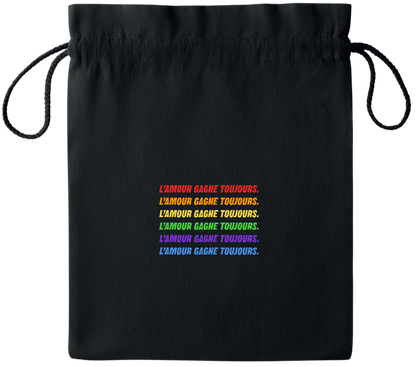 L'amour Gagne Toujours Design - Essential medium colored cotton drawstring bag_BLACK_front