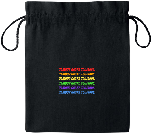 L'amour Gagne Toujours Design - Essential medium colored cotton drawstring bag_BLACK_front