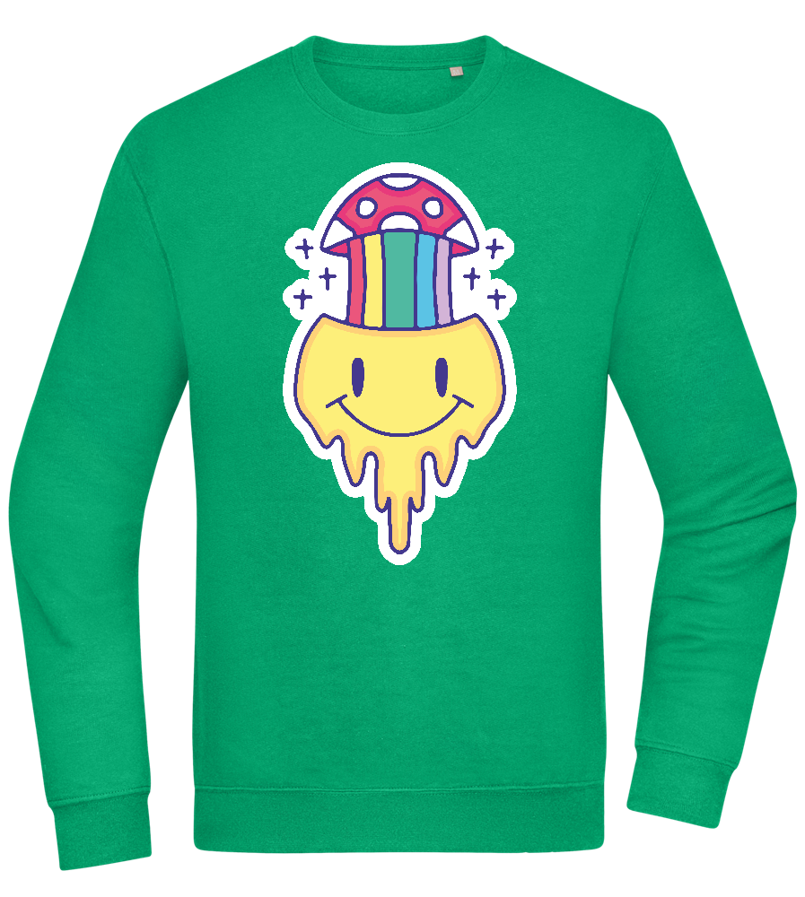 Rainbow Mushroom Smiley Design - Comfort Essential Unisex Sweater_MEADOW GREEN_front