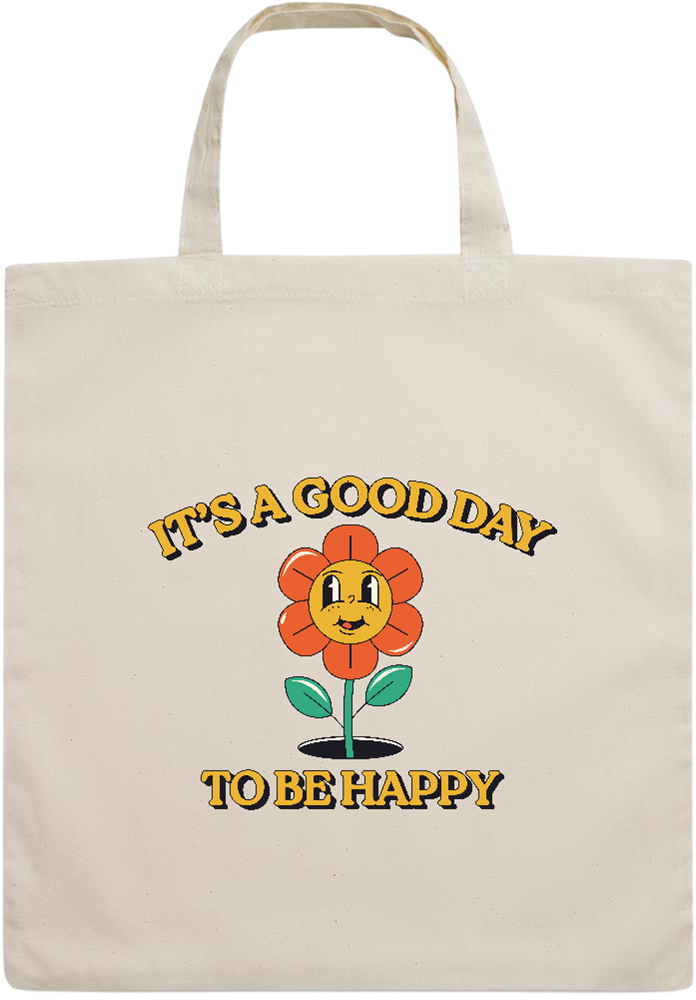 Happy Flower Vibes Design - Essential short handle cotton tote bag_BEIGE_front