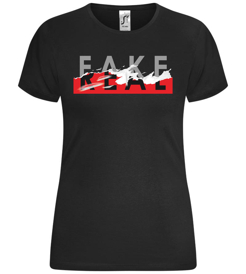 Fake vs Real Design - Comfort women's t-shirt_DEEP BLACK_front