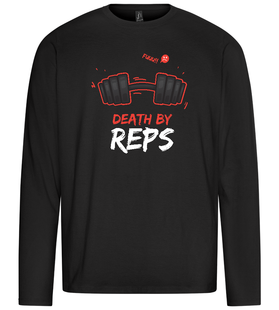 Death By Reps Barbell Design - Premium men's long sleeve t-shirt_DEEP BLACK_front