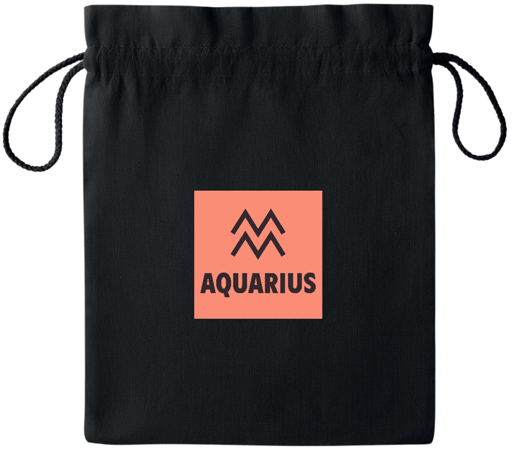 Zodiac Aquarius Design - Essential medium colored cotton drawstring bag_BLACK_front