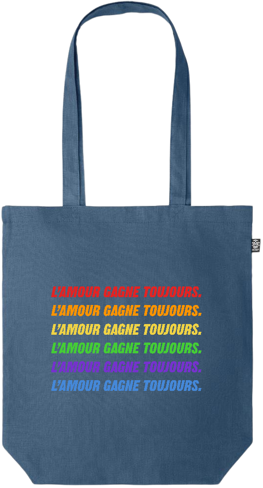 L'amour Gagne Toujours Design - Premium colored organic hemp tote bag_BLUE_front