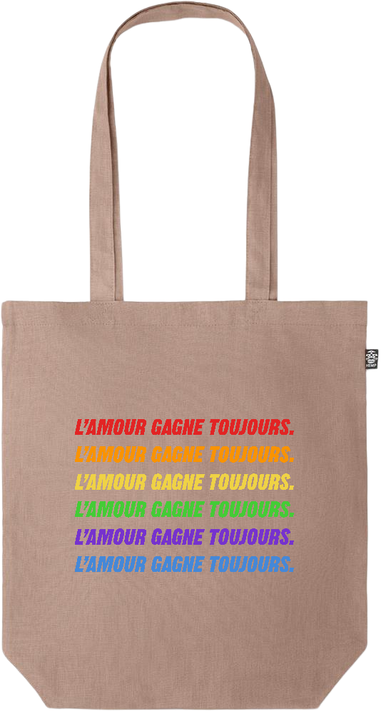 L'amour Gagne Toujours Design - Premium colored organic hemp tote bag_BROWN_front