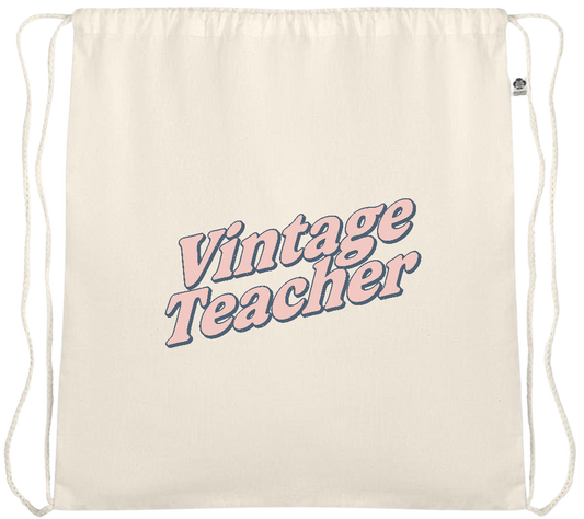 Vintage Teacher Design - Essential medium organic cotton drawstring bag_BEIGE_front