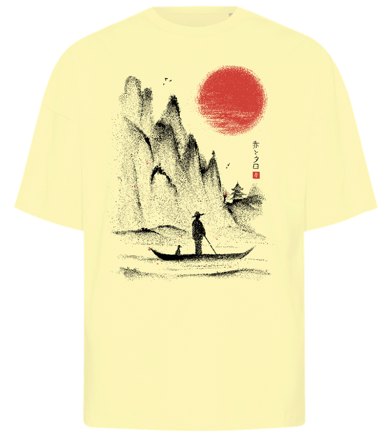 Japanese Mountain Landscape Design - Premium men's oversized t-shirt_LIGHT YELLOW_front