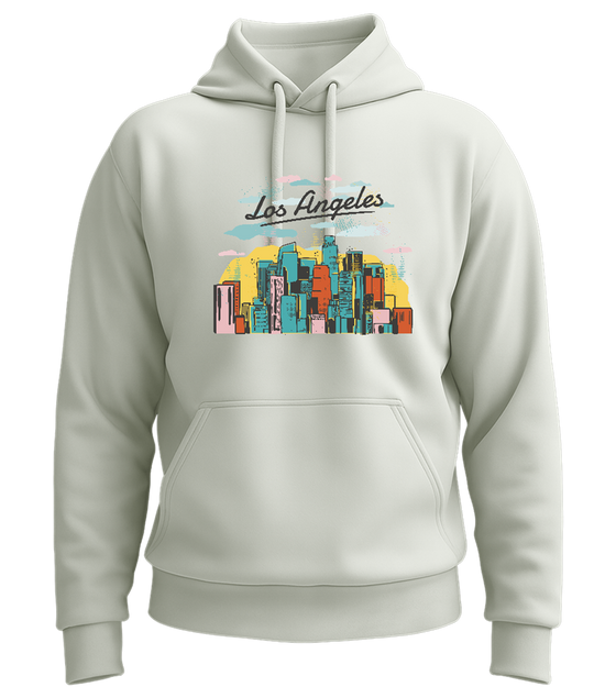 Los Angeles City Skyline Design - Premium Essential Unisex Hoodie_CREAMY GREEN_front