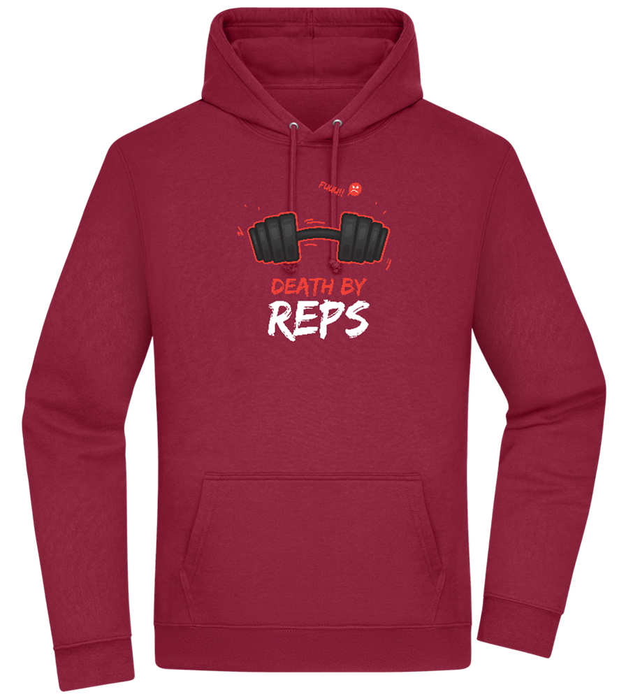 Death By Reps Barbell Design - Premium Essential Unisex Hoodie_BORDEAUX_front