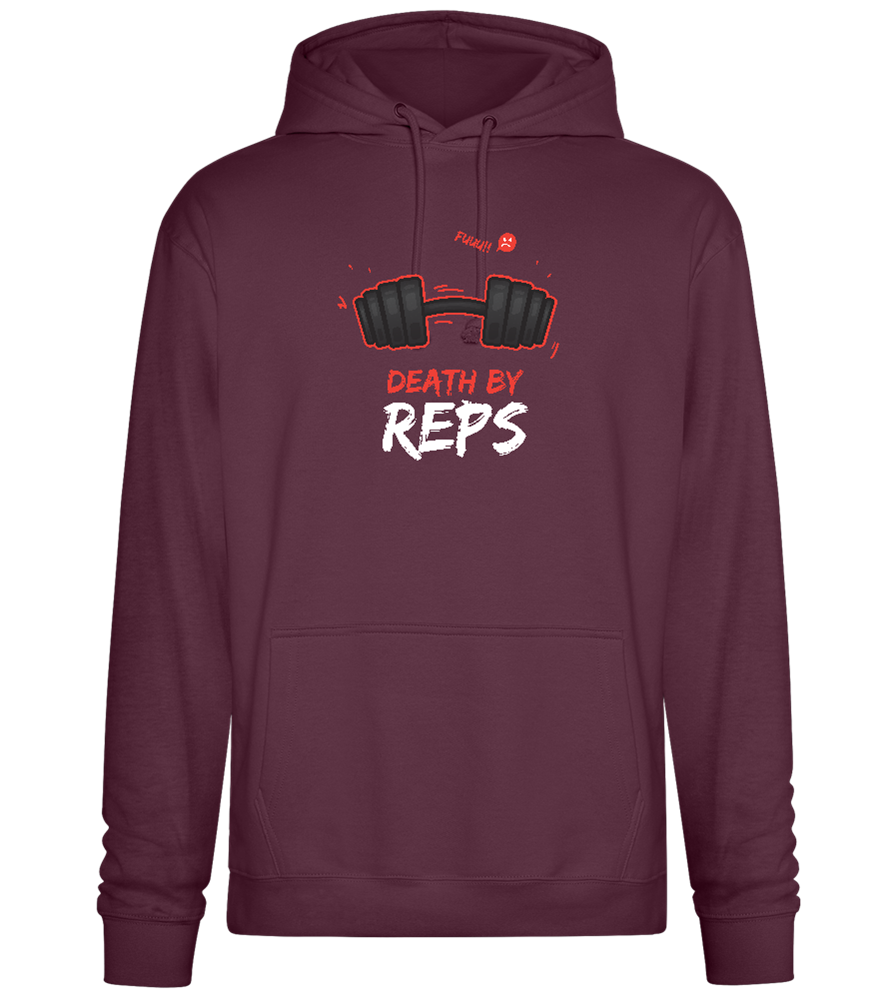 Death By Reps Barbell Design - Premium Essential Unisex Hoodie_BORDEAUX_front