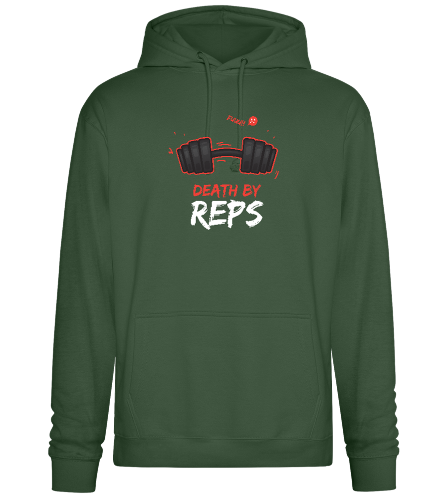 Death By Reps Barbell Design - Premium Essential Unisex Hoodie_GREEN BOTTLE_front