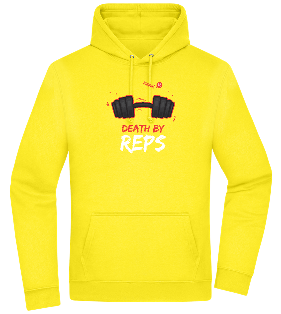 Death By Reps Barbell Design - Premium Essential Unisex Hoodie_YELLOW_front