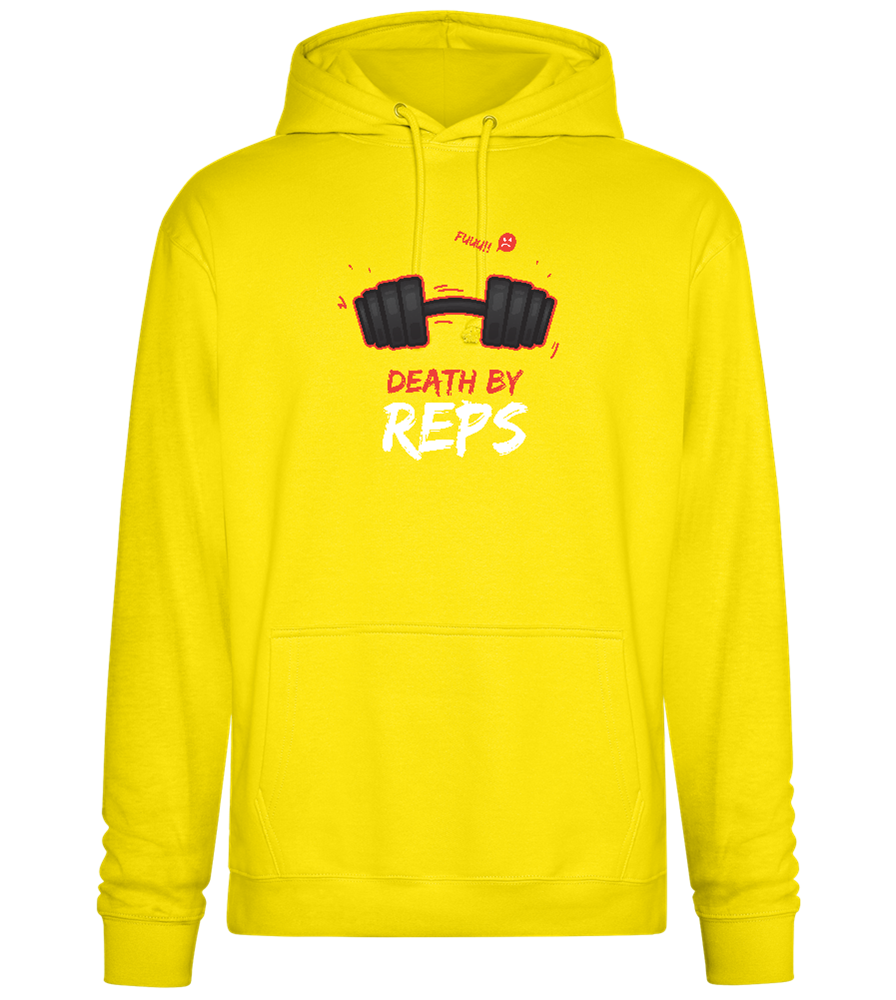 Death By Reps Barbell Design - Premium Essential Unisex Hoodie_YELLOW_front