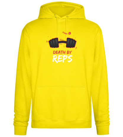 Death By Reps Barbell Design - Premium Essential Unisex Hoodie_YELLOW_front