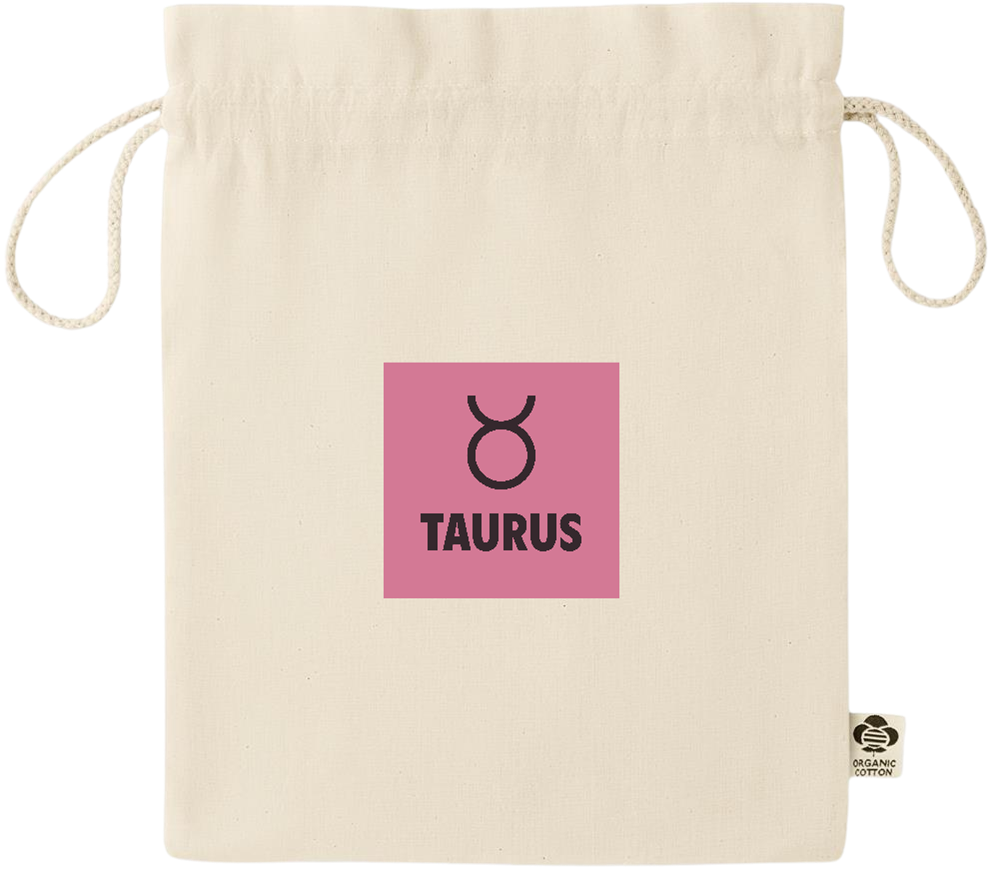 Taurus Zodiac Sign Design - Comfort medium organic drawcord gift bag_BEIGE_front