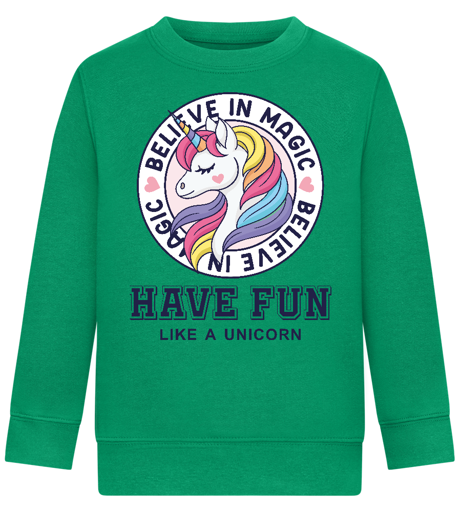 Believe in Magic Unicorn Design - Comfort Kids Sweater_MEADOW GREEN_front