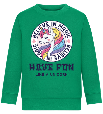 Believe in Magic Unicorn Design - Comfort Kids Sweater_MEADOW GREEN_front