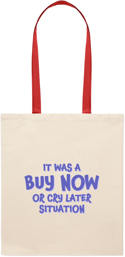 Buy Now Cry Later Design - Essential colored handle tote bag_RED_front