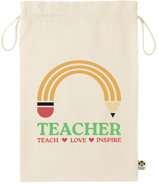 Teacher Pencil Design - Essential large organic drawcord gift bag_BEIGE_front