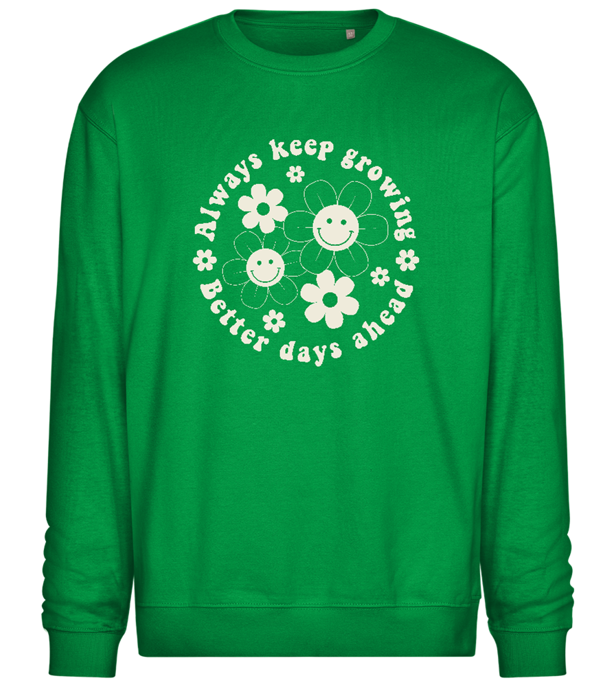 Keep Growing Smiley Design - Comfort Essential Unisex Sweater_MEADOW GREEN_front