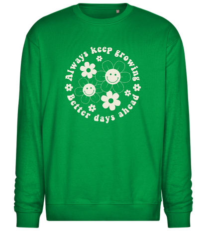 Keep Growing Smiley Design - Comfort Essential Unisex Sweater_MEADOW GREEN_front