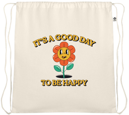 Its a Good Day to be Happy Design - Essential medium organic cotton drawstring bag_BEIGE_front