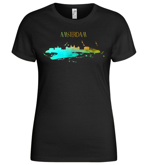Amsterdam Watercolor City Skyline Design - Basic women's t-shirt_DEEP BLACK_front